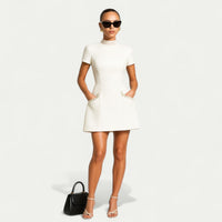 Sophronia | Women's Pearl Trim Pocket Cocktail Mini Dress in White