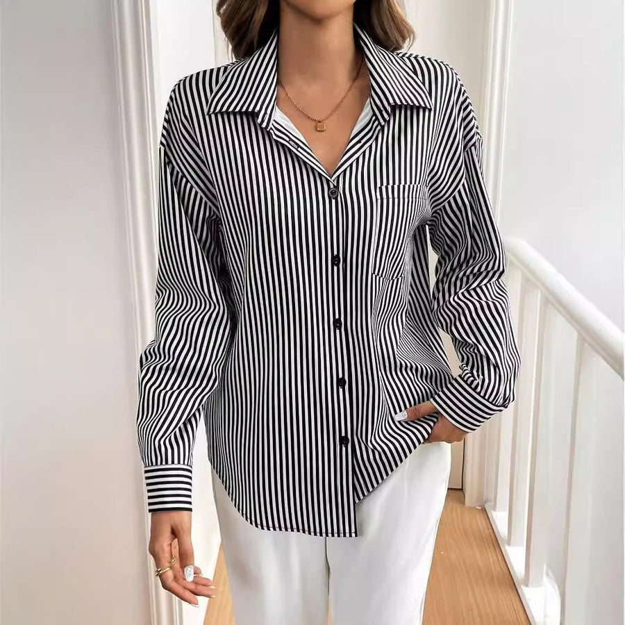 Soraya | Women's Striped Long Sleeve Blouse in Black