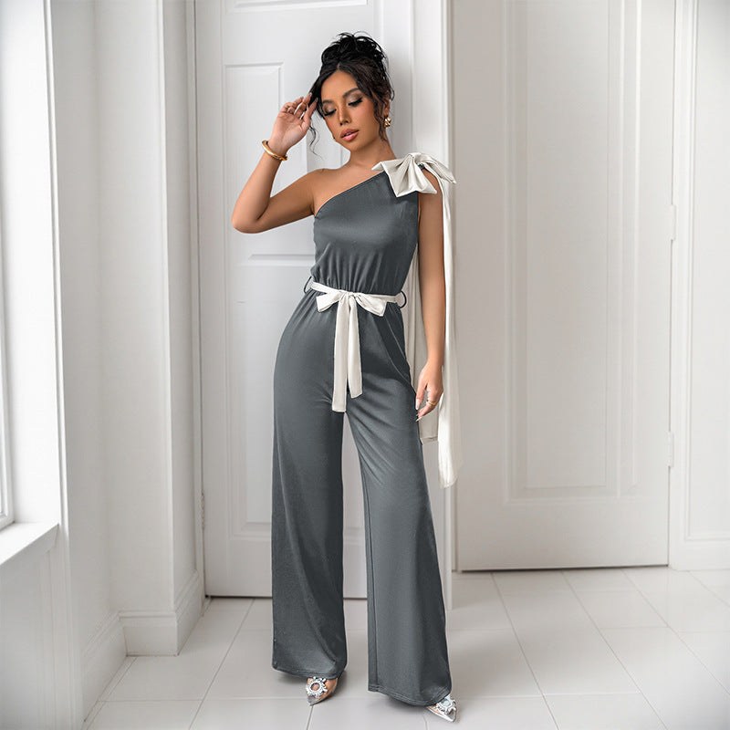 Stasia | Women's Waist Belt Asymmetric Belted Elegant Jumpsuit in Gray