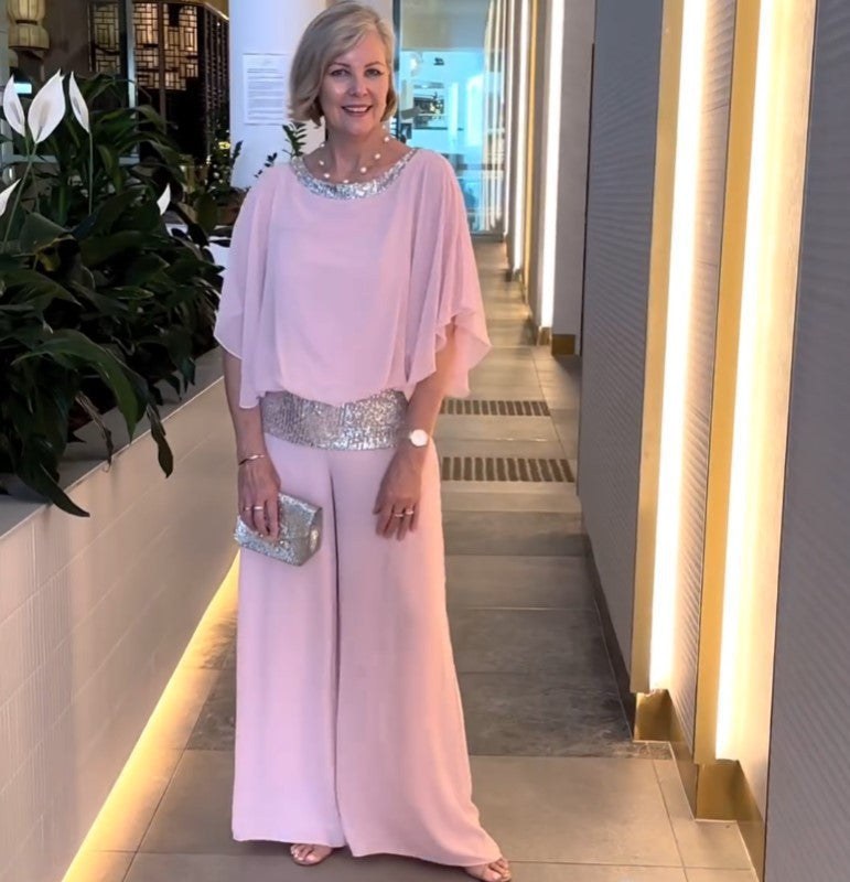 Steffanie | Women's Waist Belt Flowing Belted Elegant Chic Jumpsuit in Pink