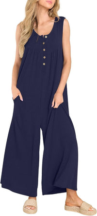 Stella | Women's Button Detail Pockets Casual Jumpsuit in Deep Blue
