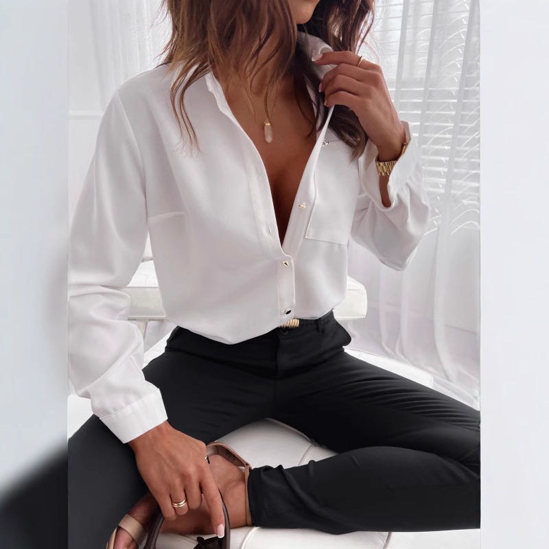 Stella | Women's Button-Front Striped Long Sleeve Elegant Modern Blouse in Gestreift