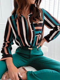 Stella | Women's Button-Front Striped Long Sleeve Elegant Modern Blouse in Gestreift
