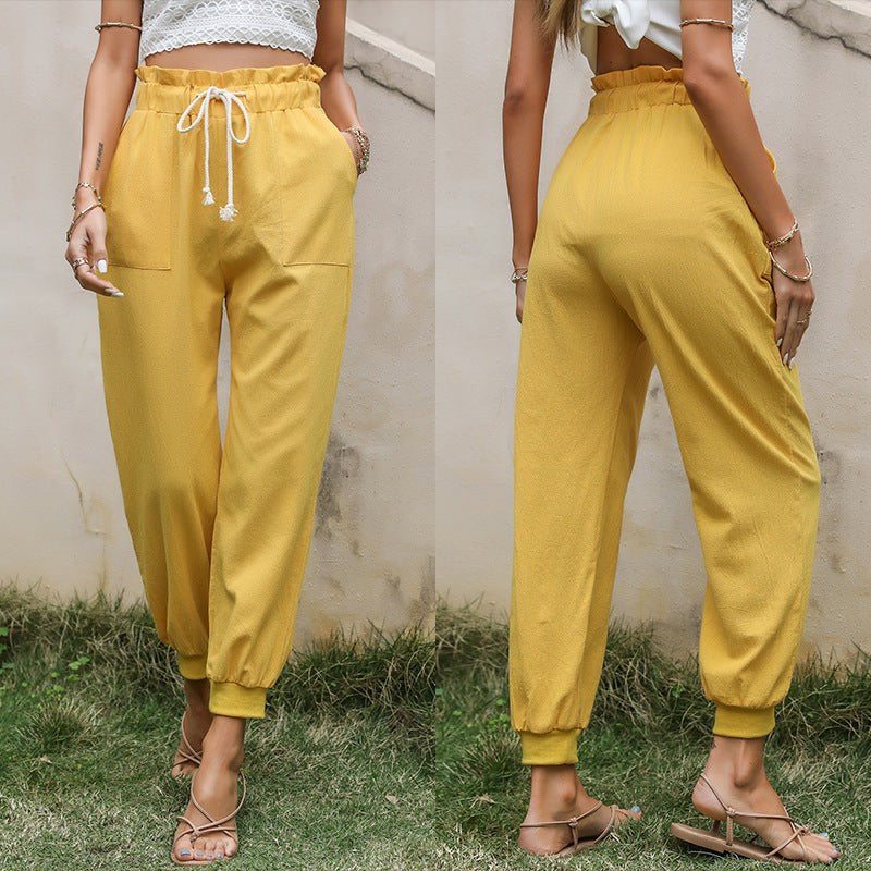 Susanna | Women's Elastic Waist Pockets Joggers in Yellow
