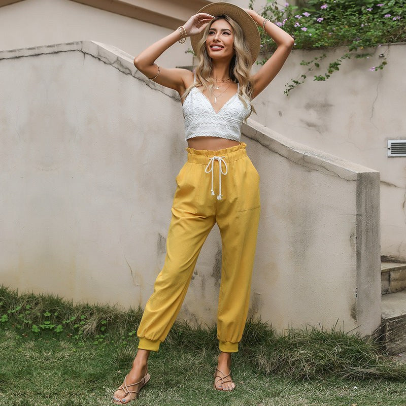 Susanna | Women's Elastic Waist Pockets Joggers in Yellow