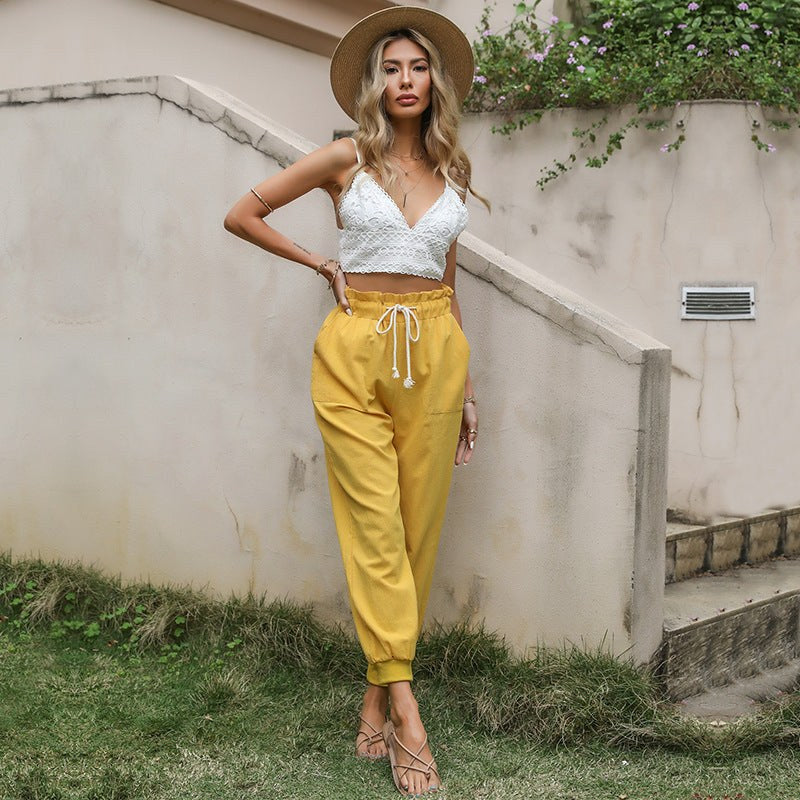 Susanna | Women's Elastic Waist Pockets Joggers in Yellow