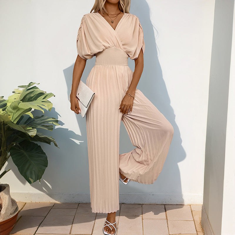 Swanhild | Women's V-Neck Elegant Jumpsuit in Apricot