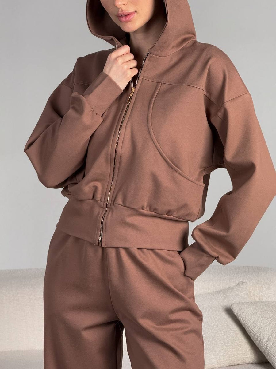 Sybilla | Women's Zip Pockets Hooded Jacket in Caramel
