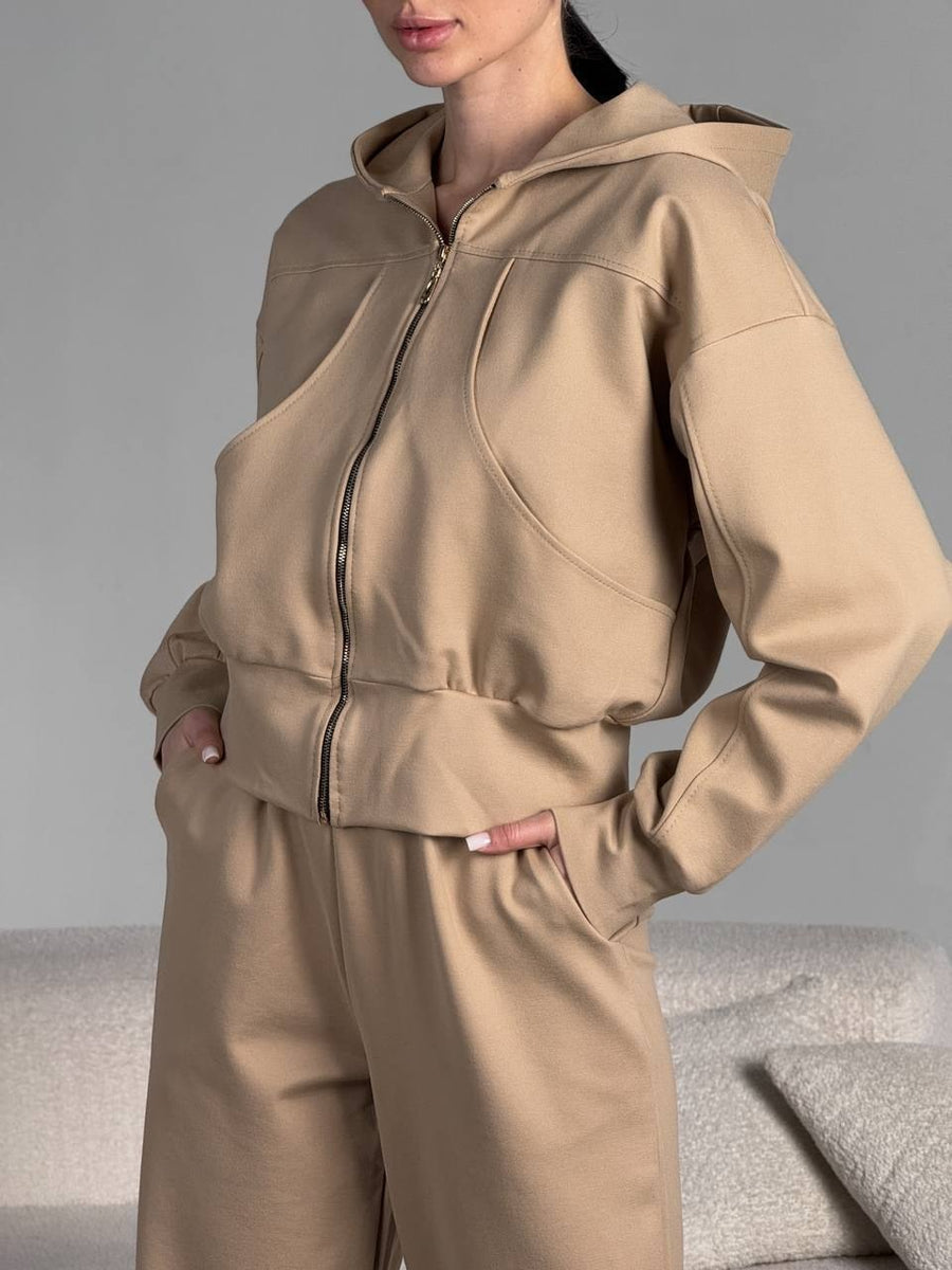 Sybilla | Women's Zip Pockets Hooded Jacket in Khaki