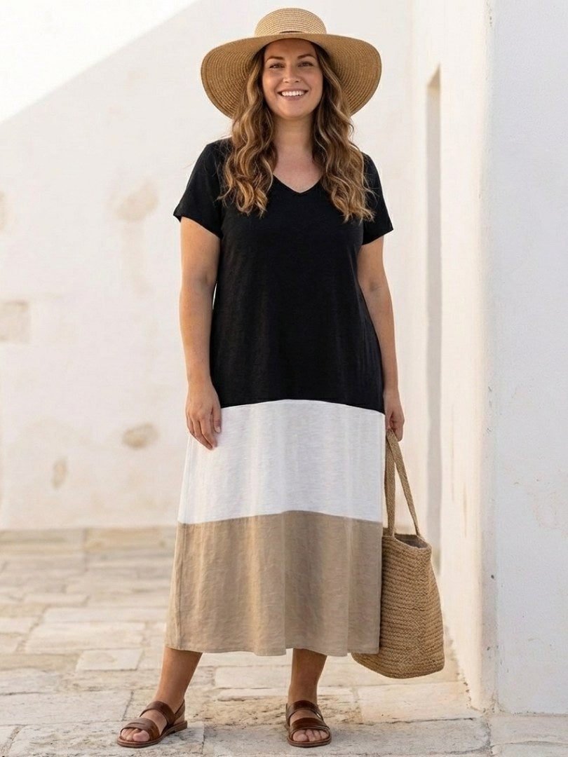 Sylvaine | Women's V-Neck Colorblock Midi Sundress