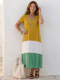 Sylvaine | Women's V-Neck Colorblock Midi Sundress in Yellow