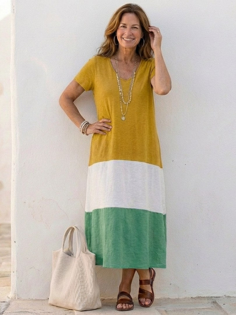 Sylvaine | Women's V-Neck Colorblock Midi Sundress in Yellow