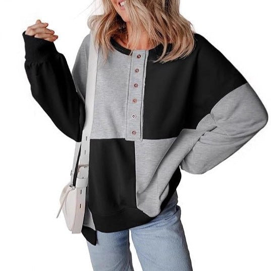 Tabitha | Women's Color Block Button Detail Hooded Casual Hoodie