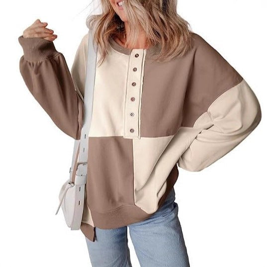 Tabitha | Women's Color Block Button Detail Hooded Casual Hoodie