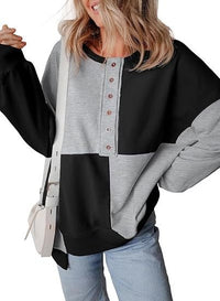Tabitha | Women's Color Block Button Detail Hooded Casual Hoodie in Black