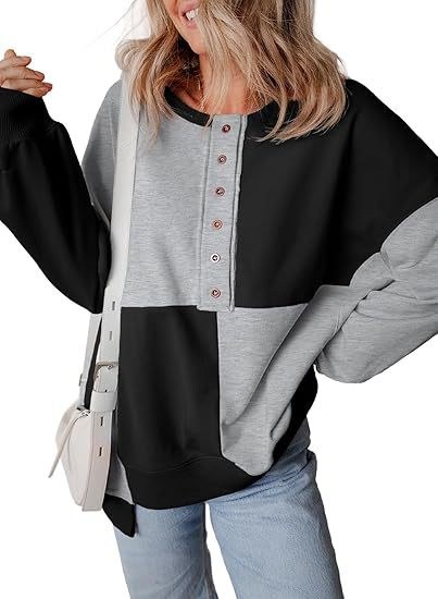 Tabitha | Women's Color Block Button Detail Hooded Casual Hoodie in Black