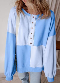 Tabitha | Women's Color Block Button Detail Hooded Casual Hoodie in Blue