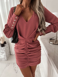 Tacitina | Women's V-Neck Ruched Elegant Dress in Pink