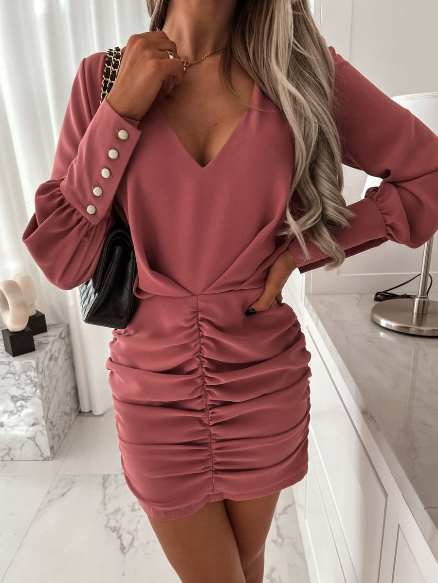 Tacitina | Women's V-Neck Ruched Elegant Dress in Pink