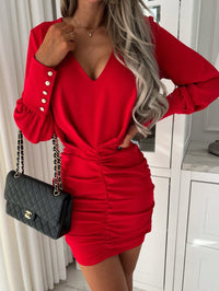 Tacitina | Women's V-Neck Ruched Elegant Dress in Red