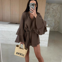 Tamara | Women's Ruffle Detail Waist Belt Belted Elegant Kimono in Brown