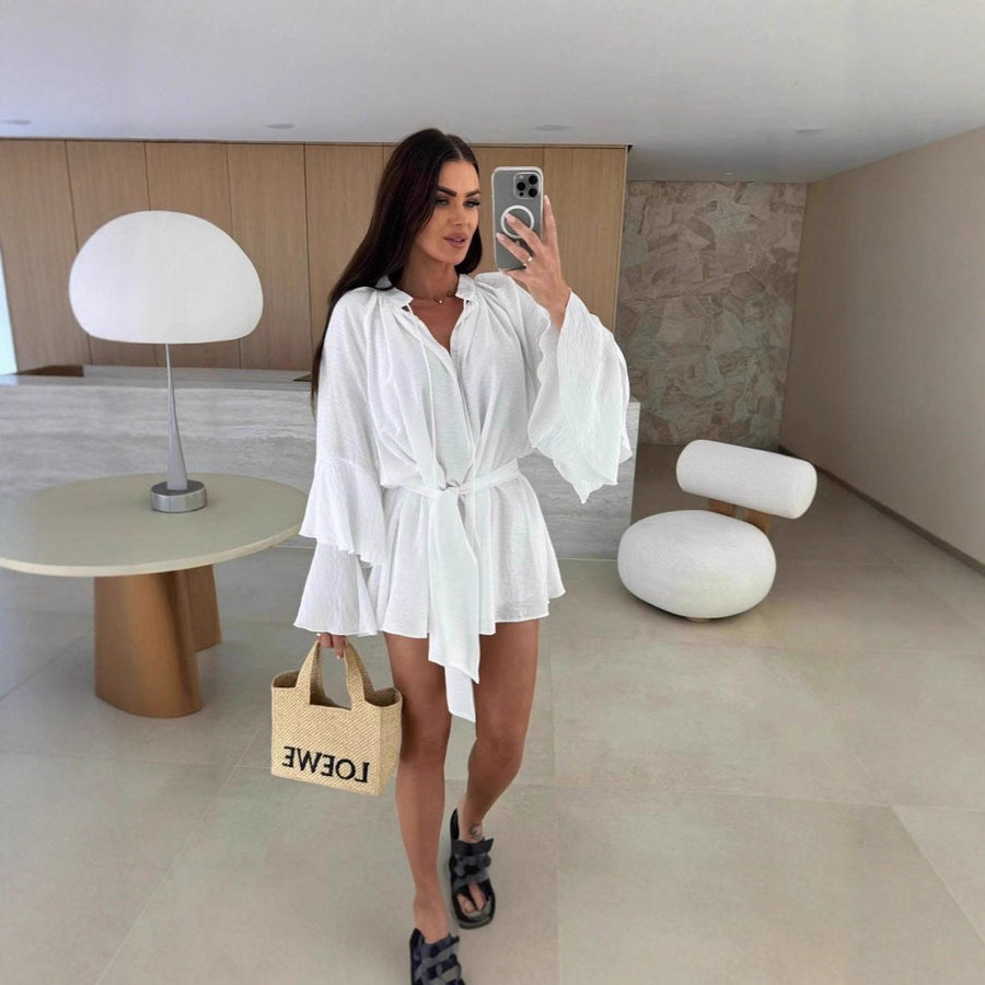 Tamara | Women's Ruffle Detail Waist Belt Belted Elegant Kimono in White