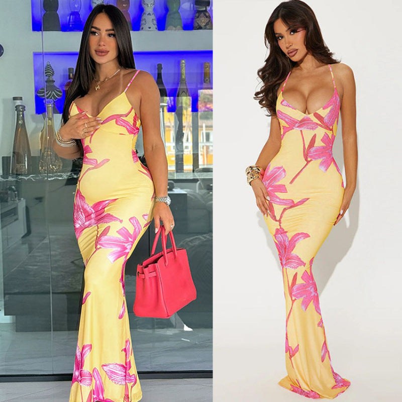 Teodolinda | Women's Floral Print Elegant Maxi Dress in Yellow