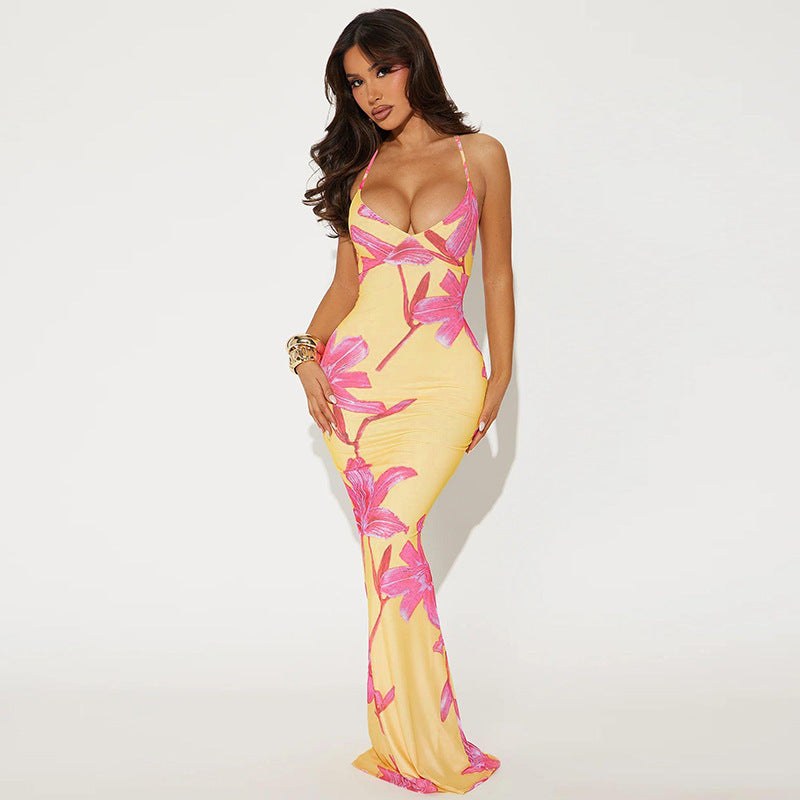 Teodolinda | Women's Floral Print Elegant Maxi Dress in Yellow
