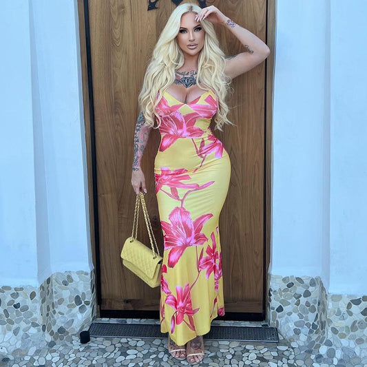 Teodolinda | Women's Floral Print Elegant Maxi Dress in Yellow