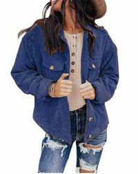 Theodora | Women's Button Detail Oversized Jacket in Dark Blue