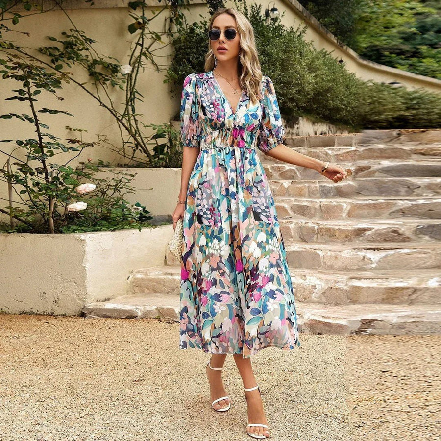 Theodosia | Women's V-Neck Floral Midi Sundress in Multicolor