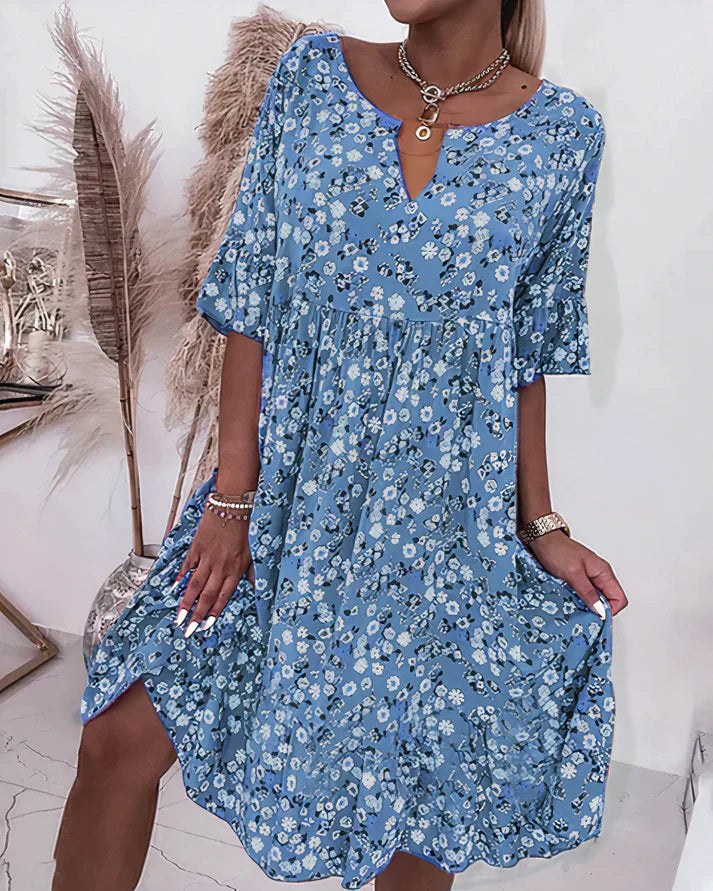 Thomasine | Women's V-Neck Floral Midi Sundress in Blue