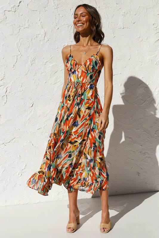 Tilda | Women's Adjustable-style Shoulder Straps Midi Dress in Orange