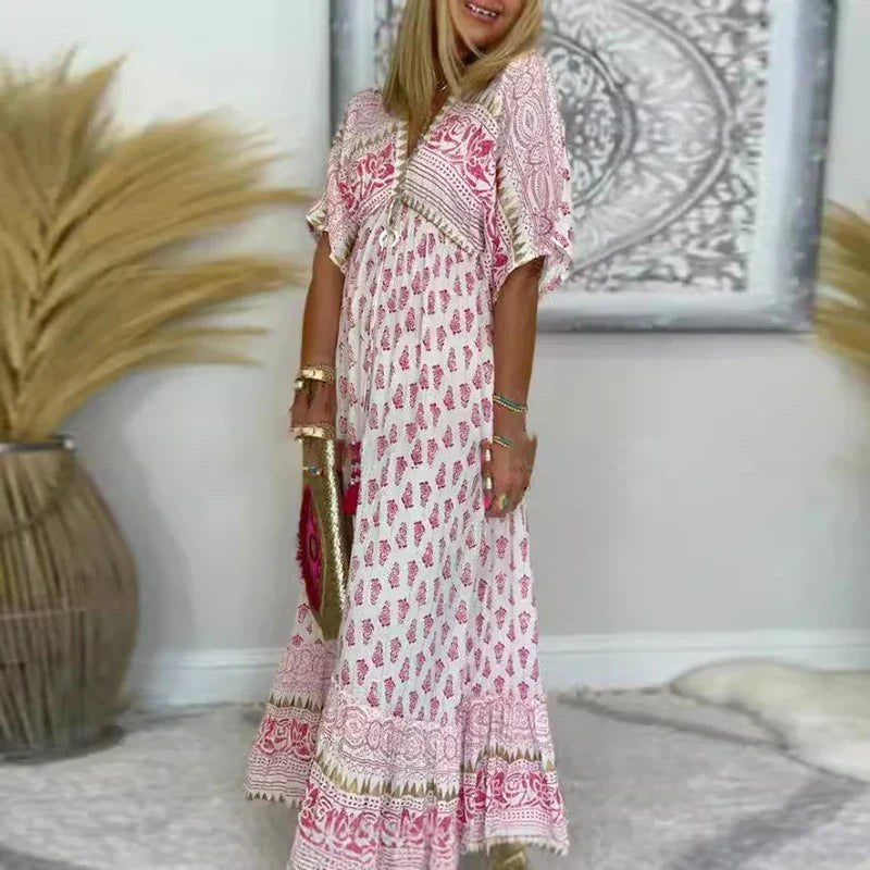 Tirzah | Women's Boho Print Maxi Dress in Pink