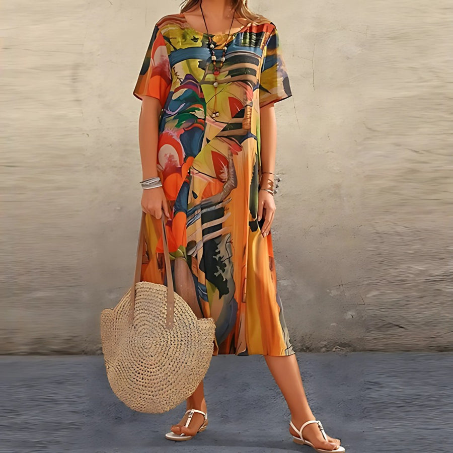 Topaz | Women's Bold Abstract Pattern Midi Dress in Orange
