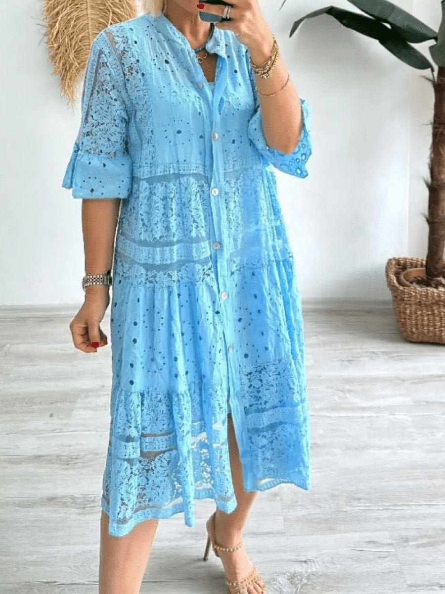 Tora | Women's Button Front Tiered Midi Dress in Blue