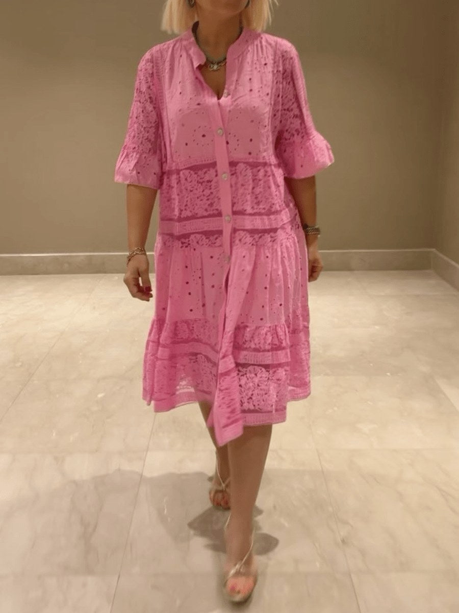 Tora | Women's Button Front Tiered Midi Dress in Pink
