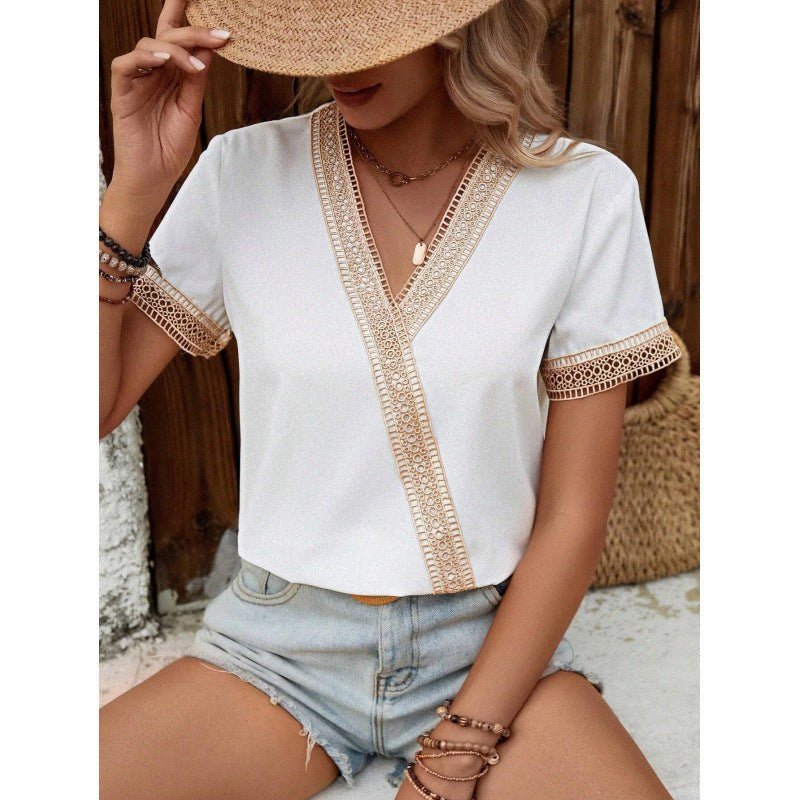 Toscana | Women's Lace Trim V-Neck Elegant Blouse in White