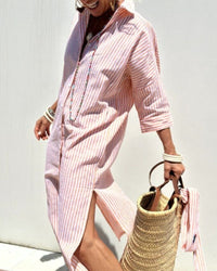 Tove | Women's Button Shirt Long Sleeve Stripe Midi Dress
