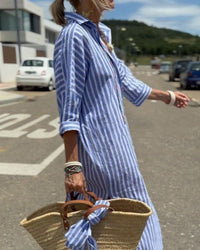 Tove | Women's Button Shirt Long Sleeve Stripe Midi Dress in Blue
