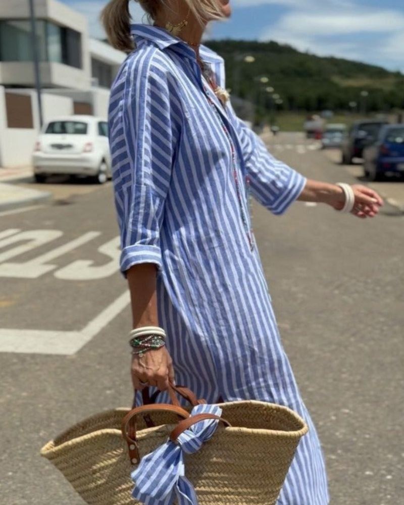Tove | Women's Button Shirt Long Sleeve Stripe Midi Dress in Blue