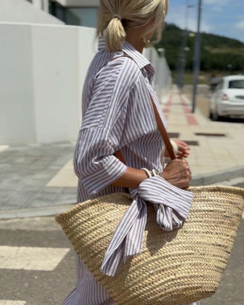Tove | Women's Button Shirt Long Sleeve Stripe Midi Dress in Gray