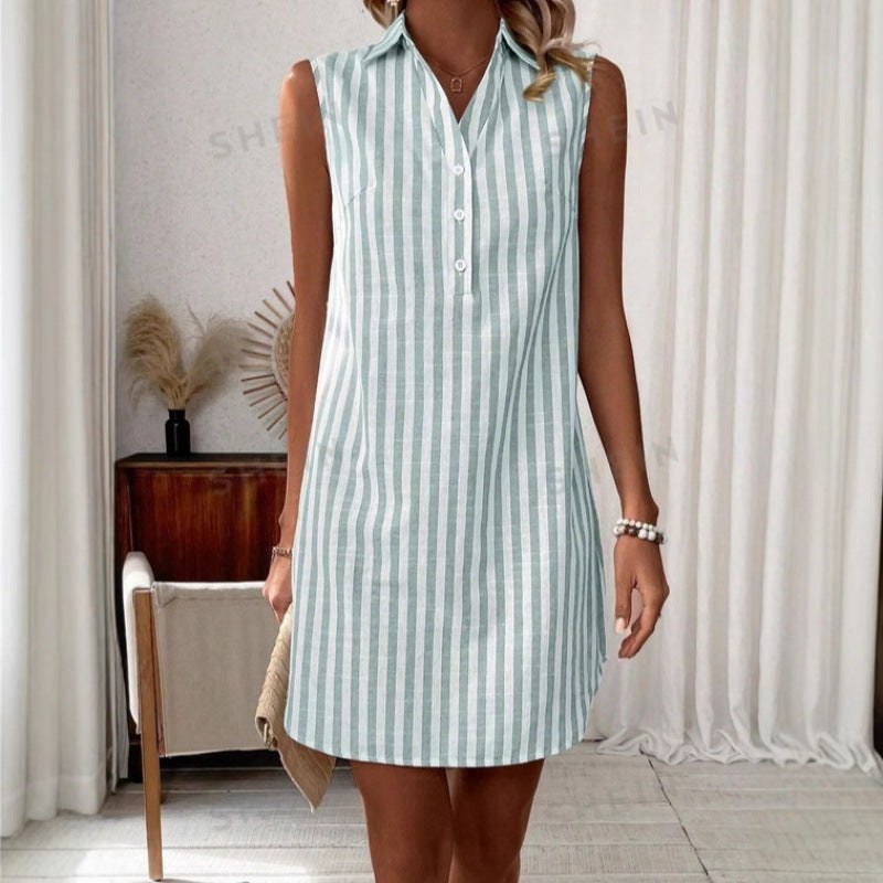 Tryphena | Women's Button Detail Striped Casual Shirt Dress