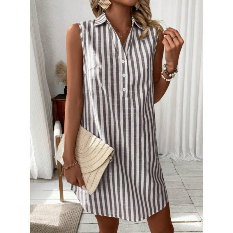 Tryphena | Women's Button Detail Striped Casual Shirt Dress in Black