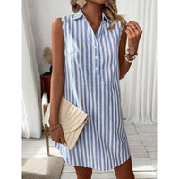 Tryphena | Women's Button Detail Striped Casual Shirt Dress in Blue