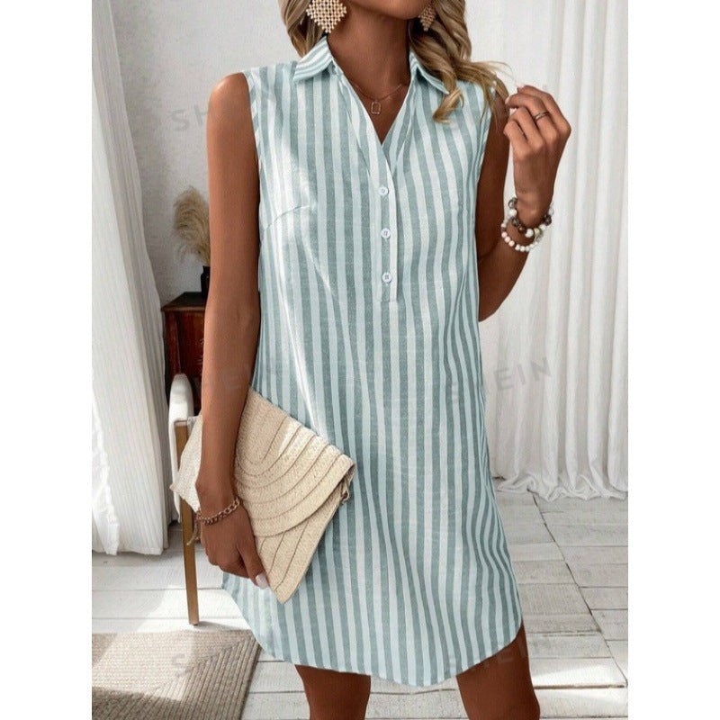 Tryphena | Women's Button Detail Striped Casual Shirt Dress in Green