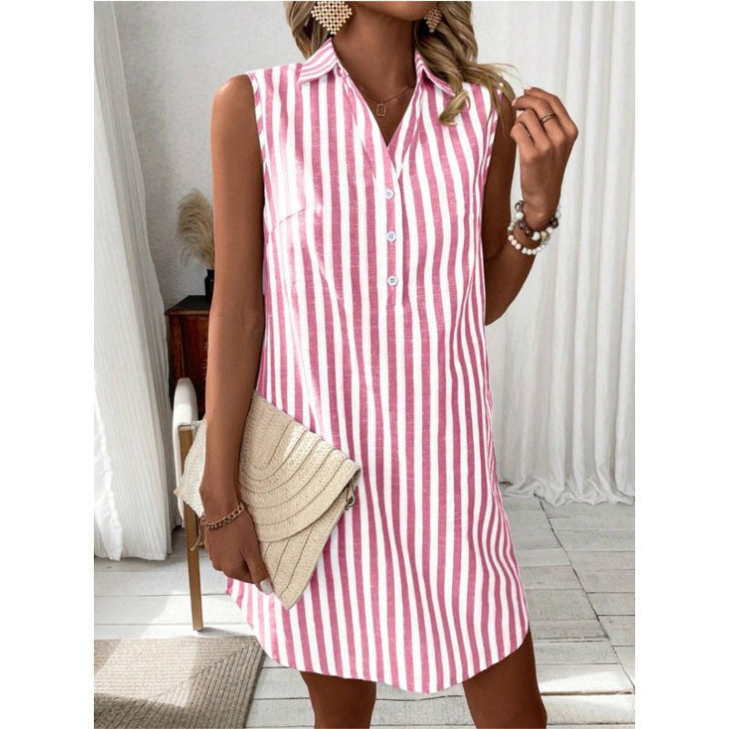 Tryphena | Women's Button Detail Striped Casual Shirt Dress in Wine Red
