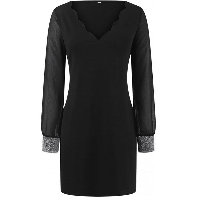 Ubalda | Women's V-Neck Sheer Elegant Mini Dress in Black