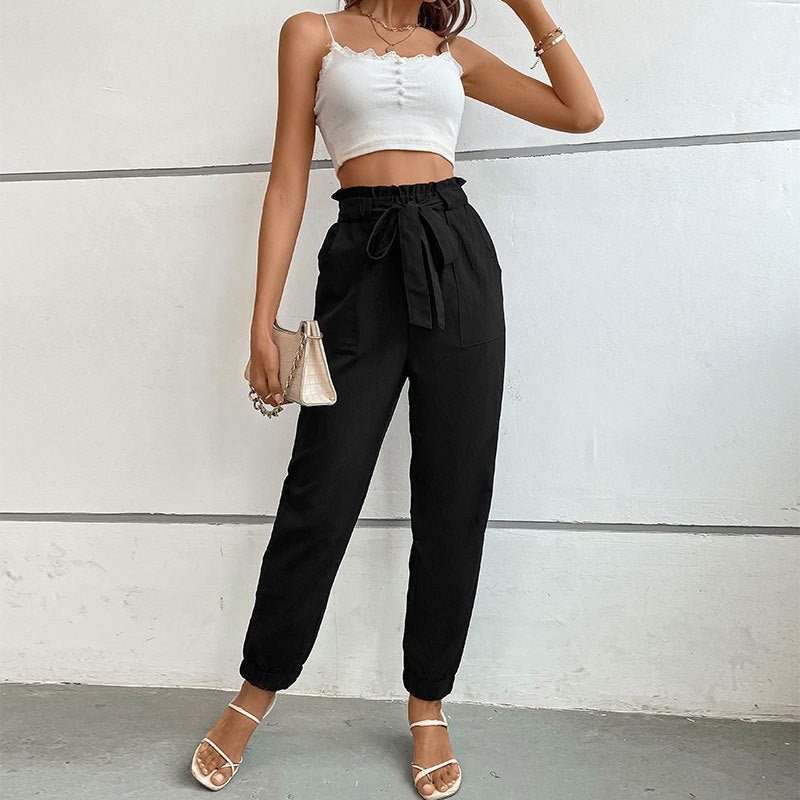 Ulla | Women's Elastic Waist Tie Belt Belted Dress Pants in Black