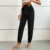 Ulla | Women's Elastic Waist Tie Belt Belted Dress Pants in Black